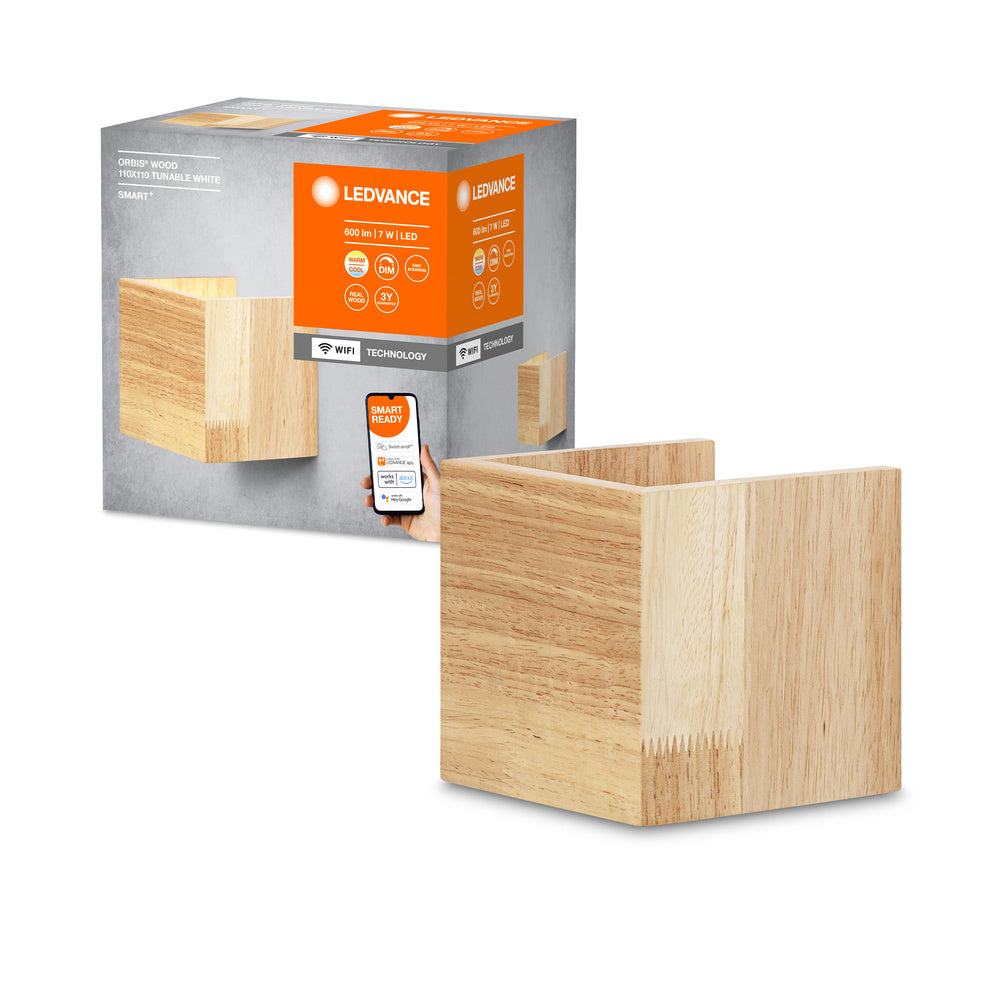 LEDVANCE Wifi SMART+ ORBIS WOOD LED Wandleuchte 11x11cm in Holzoptik Tunable Weiß 7W / 3000-6500K-Wandleuchten-LEDVANCE Shop