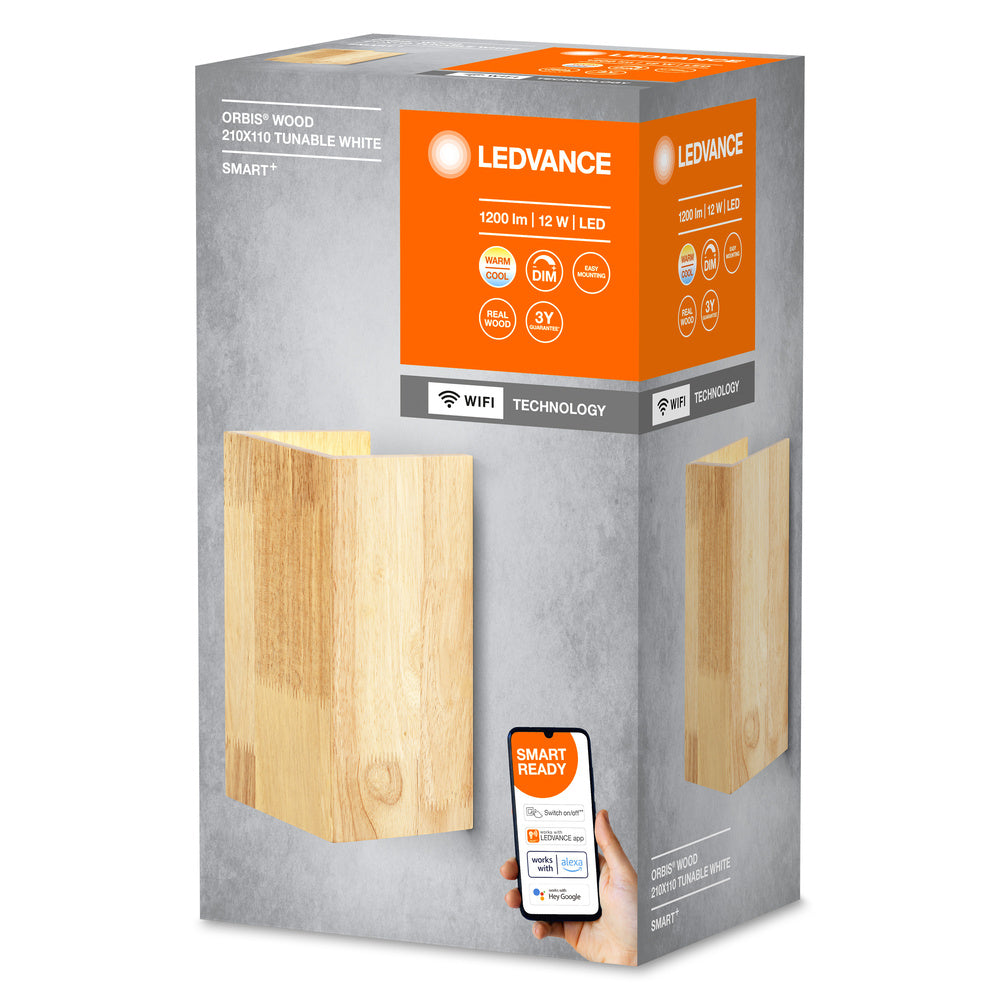 LEDVANCE Wifi SMART+ ORBIS WOOD LED Wandleuchte 21x11cm in Holzoptik Tunable Weiß 12W / 3000-6500K-Wandleuchten-LEDVANCE Shop