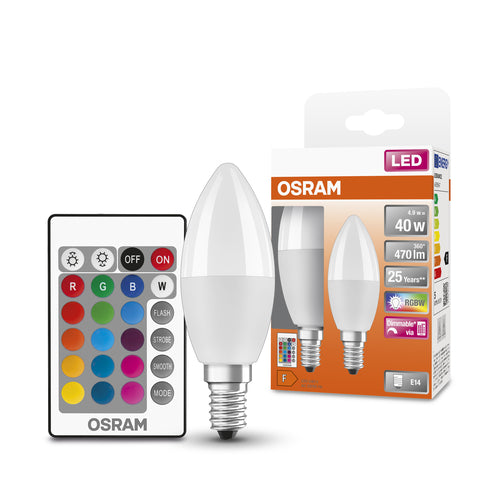 OSRAM LED Retrofit Lampe mit Fernbedienung RGBW mehrfarbig dimmbar (ex 40W) 4,9W / 2700K Warmweiß E14-Leuchtmittel-LEDVANCE Shop