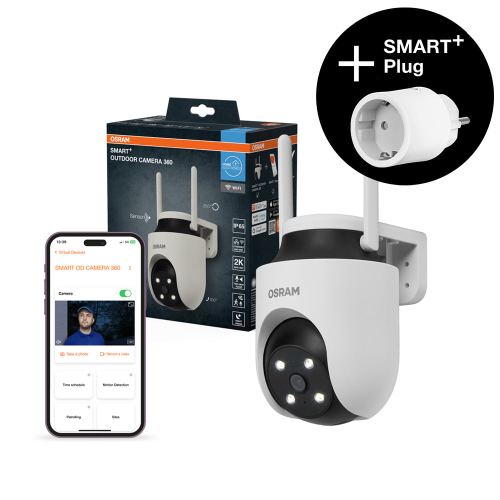 AKTION - OSRAM Wifi SMART+ Smarte Outdoor Überwachungskamera Drehbar Weiß inkl. Gratis Smart Plug