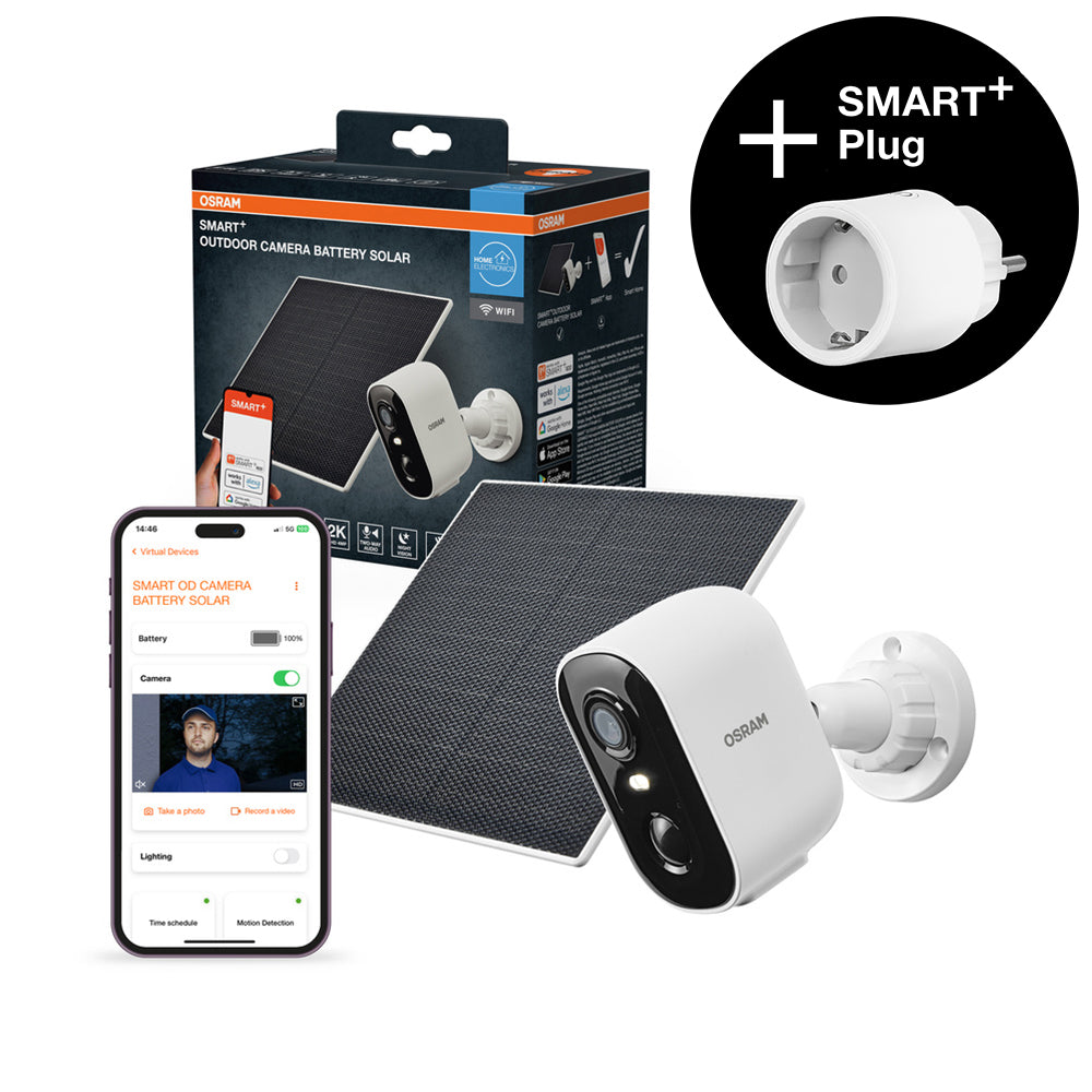 OFERTA - OSRAM Wifi SMART+ Cámara de vigilancia inteligente para exteriores, blanca, con energía solar + enchufe inteligente gratis