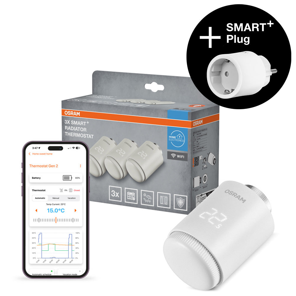 OFERTA - OSRAM SMART+ Termostato de calefacción inteligente con Wi-Fi, 4,5 V, blanco, paquete de 3, 2.ª generación + SMART+ Plug gratis