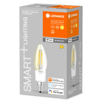 LEDVANCE SMART+ Bombilla LED de filamento tipo vela regulable con WiFi, cristal sin plomo, transparente, 4 W, (equivalente a 40 W), 470 lm, blanco cálido, 2700 K, Wi-Fi, compatible con altavoces inteligentes, regulable