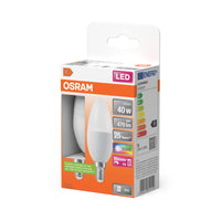 Lámparas LED OSRAM Retrofit RGBW con mando a distancia, forma B, lámpara LED, mate, 4,9 W, (antes 40 W), 470 lm, blanco cálido, 2700 K, regulable, 25 000 h, CRI 80, mando a distancia, paquete de 2