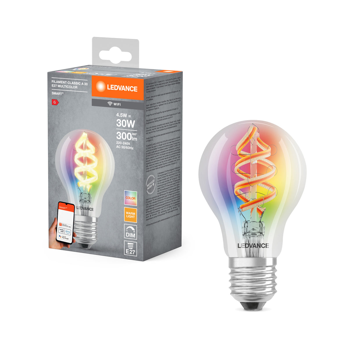 LEDVANCE SMART+ WiFi Filamento Classic RGBW, bombilla LED, cristal sin plomo, transparente, 4,5 W, (equivalente a 30 W), 300 lm, blanco cálido, 2700 K, Wi-Fi, compatible con altavoces inteligentes, regulable