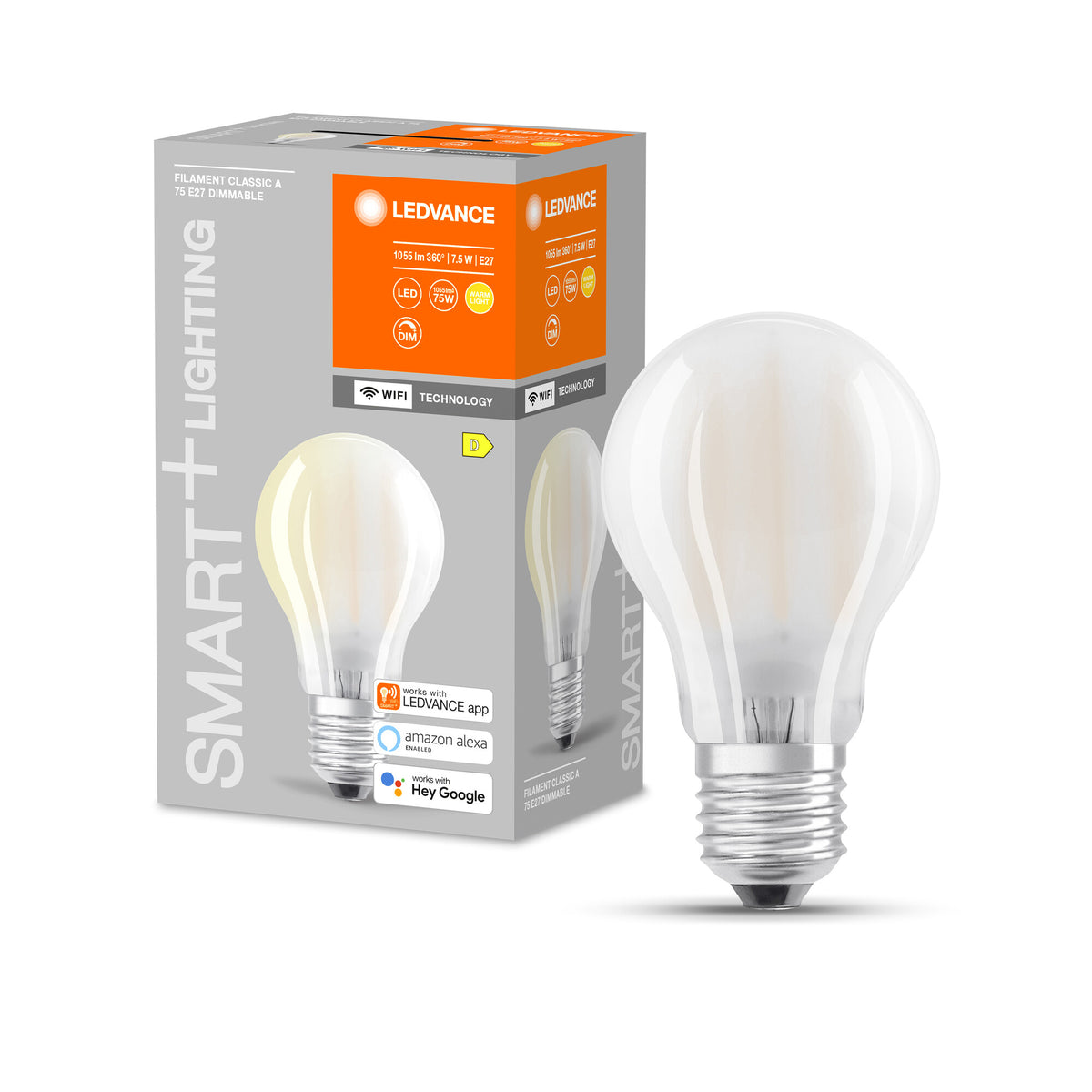 LEDVANCE SMART+ WiFi Filamento Classic regulable, lámpara LED, cristal sin plomo, mate, 7,5 W, (antes 75 W), 1055 lm, blanco cálido, 2700 K, Wi-Fi, compatible con altavoces inteligentes, regulable