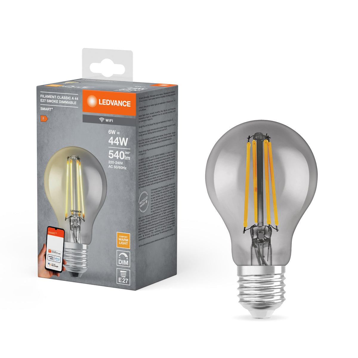 LEDVANCE SMART+ WiFi Filament Classic regulable, bombilla LED, cristal sin plomo, color ahumado, 6 W, (equivalente a 44 W), 540 lm, blanco cálido, 2500 K, Wi-Fi, compatible con altavoces inteligentes, regulable