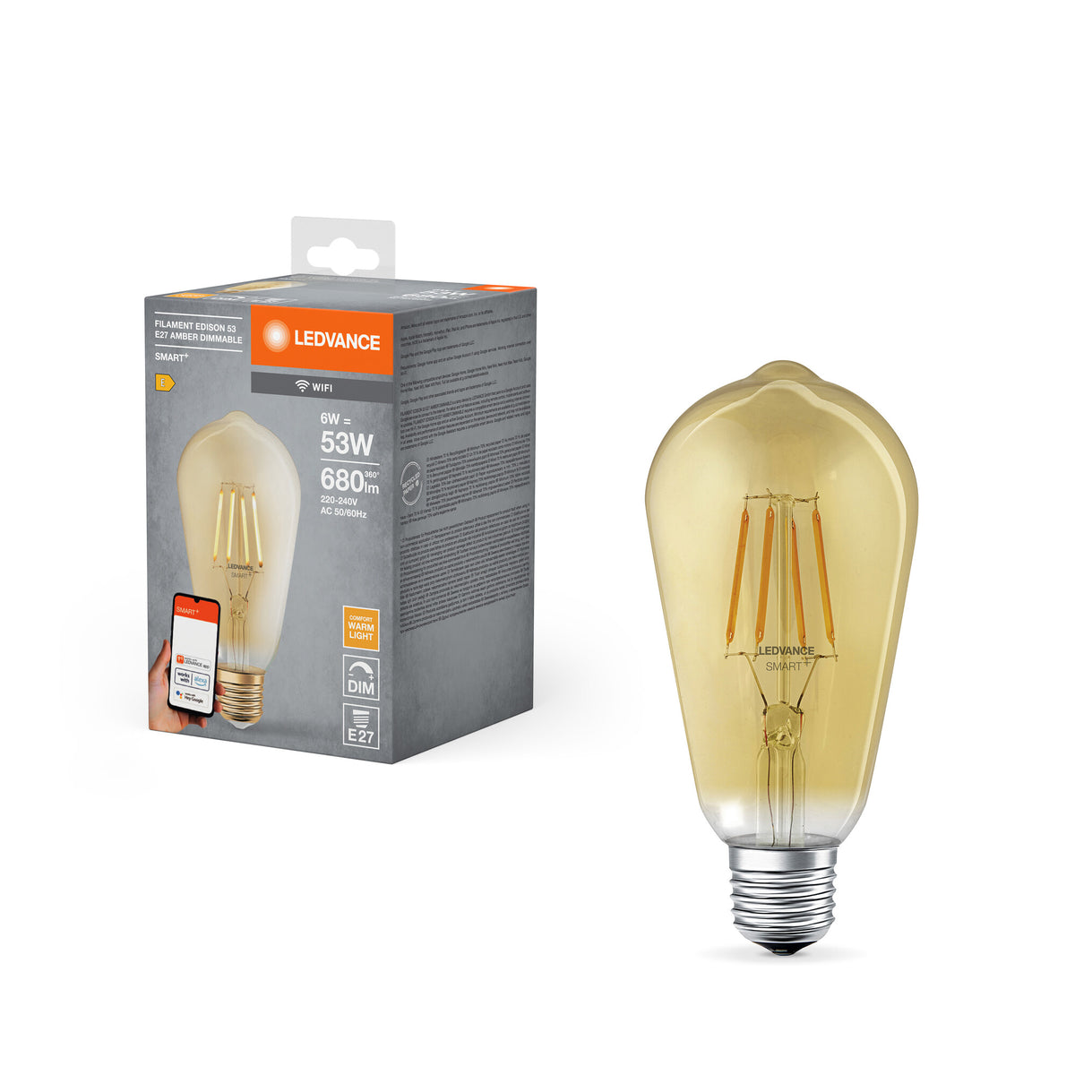 LEDVANCE SMART+ Lámpara LED de filamento Edison regulable con WiFi, con forma Edison, cristal sin plomo, dorada, 6 W, 680 lm, blanco cálido, Wi-Fi, compatible con altavoces inteligentes, regulable