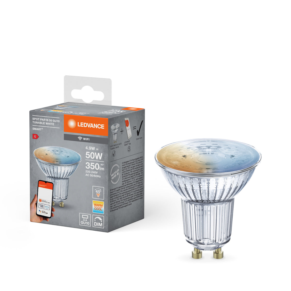 LEDVANCE SMART+ WiFi SPOT GU10 Temperatura de color regulable  con forma PAR16, foco LED, cristal sin plomo, 4,9 W, 350 lm, Temperatura de color regulable , Wi-Fi, compatible con altavoces inteligentes, regulable