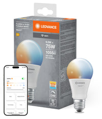 LEDVANCE SMART+ WiFi Classic Temperatura de color regulable  en forma de A, bombilla LED, mate, 9,5 W, (equivalente a 75 W), 1055 lm, Temperatura de color regulable , Wi-Fi, compatible con altavoces inteligentes, regulable