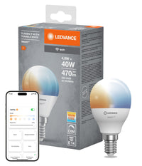 LEDVANCE SMART+ Mini bombilla WiFi Temperatura de color regulable  con forma de P, bombilla LED, mate, 4,9 W, (equivalente a 40 W), 470 lm, Temperatura de color regulable , de 2700 a 6500 K, WiFi, regulable