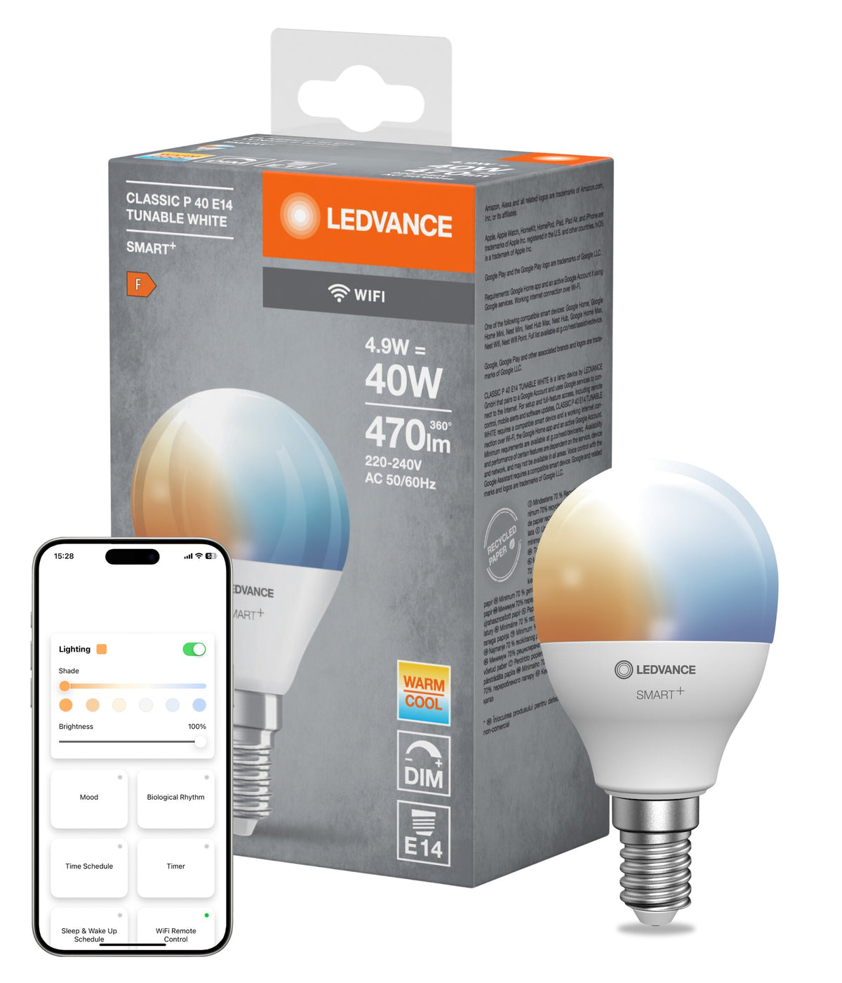 LEDVANCE SMART+ Mini bombilla WiFi Temperatura de color regulable  con forma de P, bombilla LED, mate, 4,9 W, (equivalente a 40 W), 470 lm, Temperatura de color regulable , de 2700 a 6500 K, WiFi, regulable