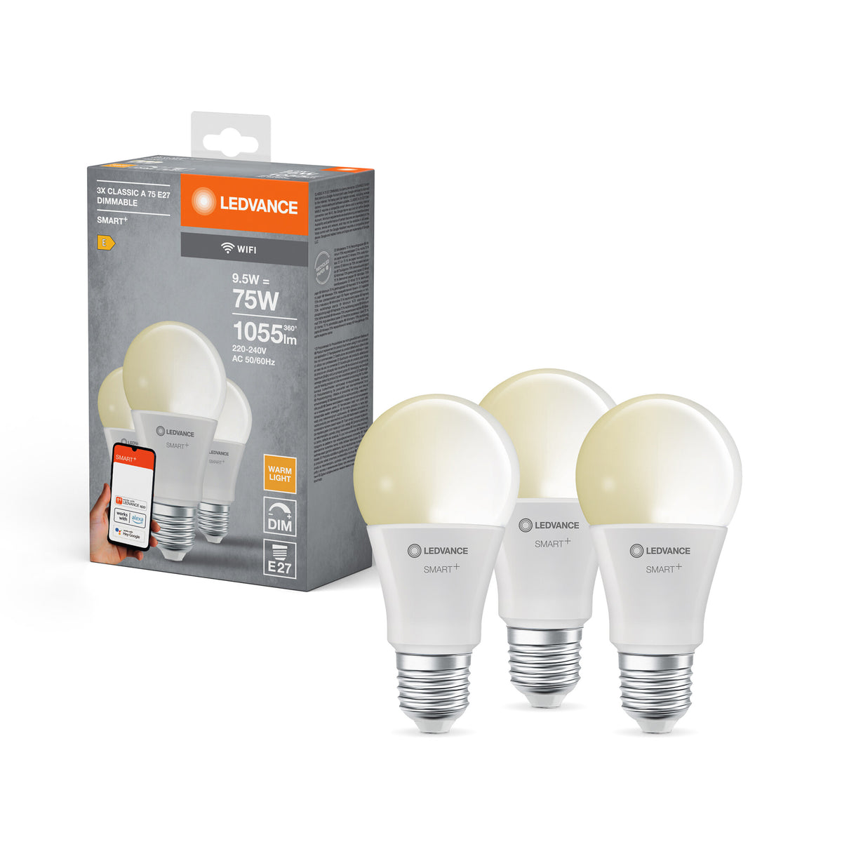 LEDVANCE SMART+ WiFi Classic Regulable, forma de A, bombilla LED, mate, 9,5 W, (equivalente a 75 W), 1055 lm, blanco cálido, 2700 K, Wi-Fi, compatible con altavoces inteligentes, regulable, juego de 3