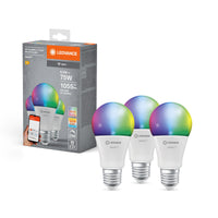 LEDVANCE SMART+ WiFi Classic Multicolor en forma de A, bombilla LED, mate, 9,5 W, (equivalente a 75 W), 1055 lm, RGBW, de 2700 a 6500 K, Wi-Fi, compatible con altavoces inteligentes, regulable, juego de 3