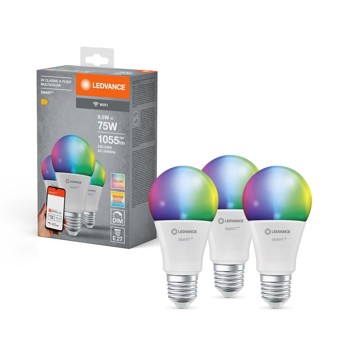 LEDVANCE SMART+ WiFi Classic Multicolor en forma de A, bombilla LED, mate, 9,5 W, (equivalente a 75 W), 1055 lm, RGBW, de 2700 a 6500 K, Wi-Fi, compatible con altavoces inteligentes, regulable, juego de 3