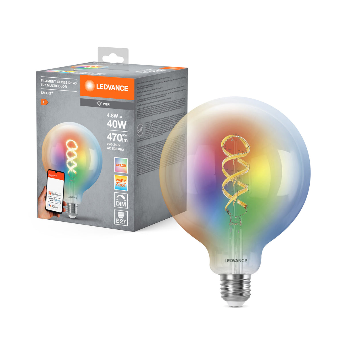 LEDVANCE SMART+WIFI Filament Globe RGBTW con forma de globo, lámpara LED, cristal sin plomo, transparente, 4,8 W, (antes 40 W), 470 lm, RGBTW, de 2700 a 6500 K, Wi-Fi, regulable