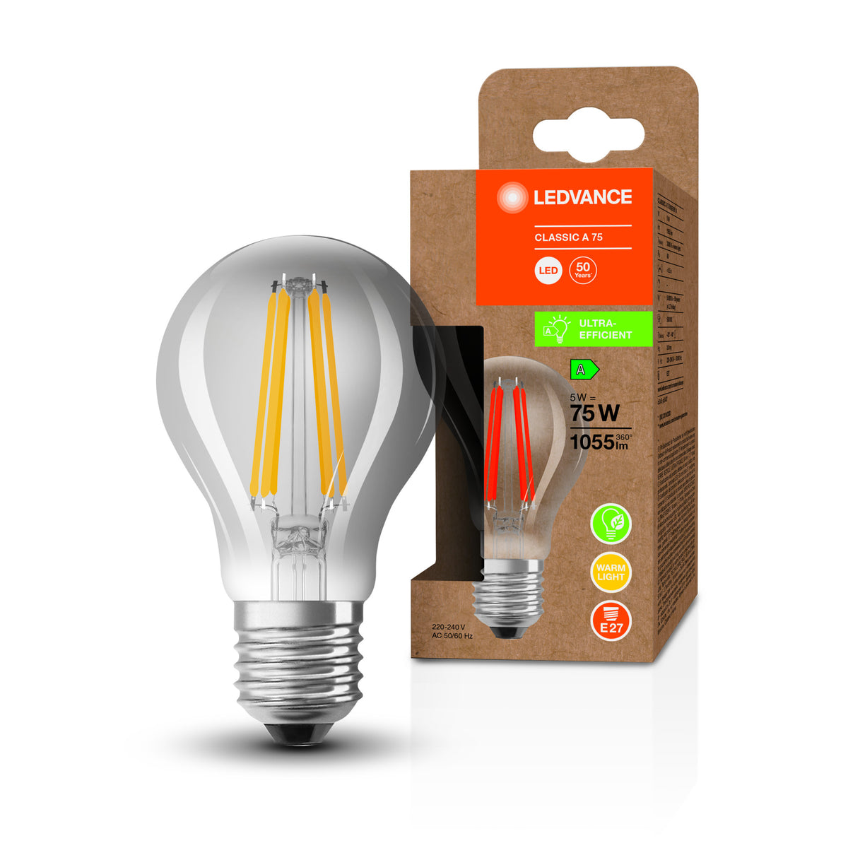 LEDVANCE LED CLASSIC A EFICIENCIA ENERGÉTICA A S , Lámpara LED, cristal sin plomo, transparente, 5 W, (equivalente a 75 W), 1055 lm, blanco cálido, 3000 K, 50 000 h, CRI ≥80