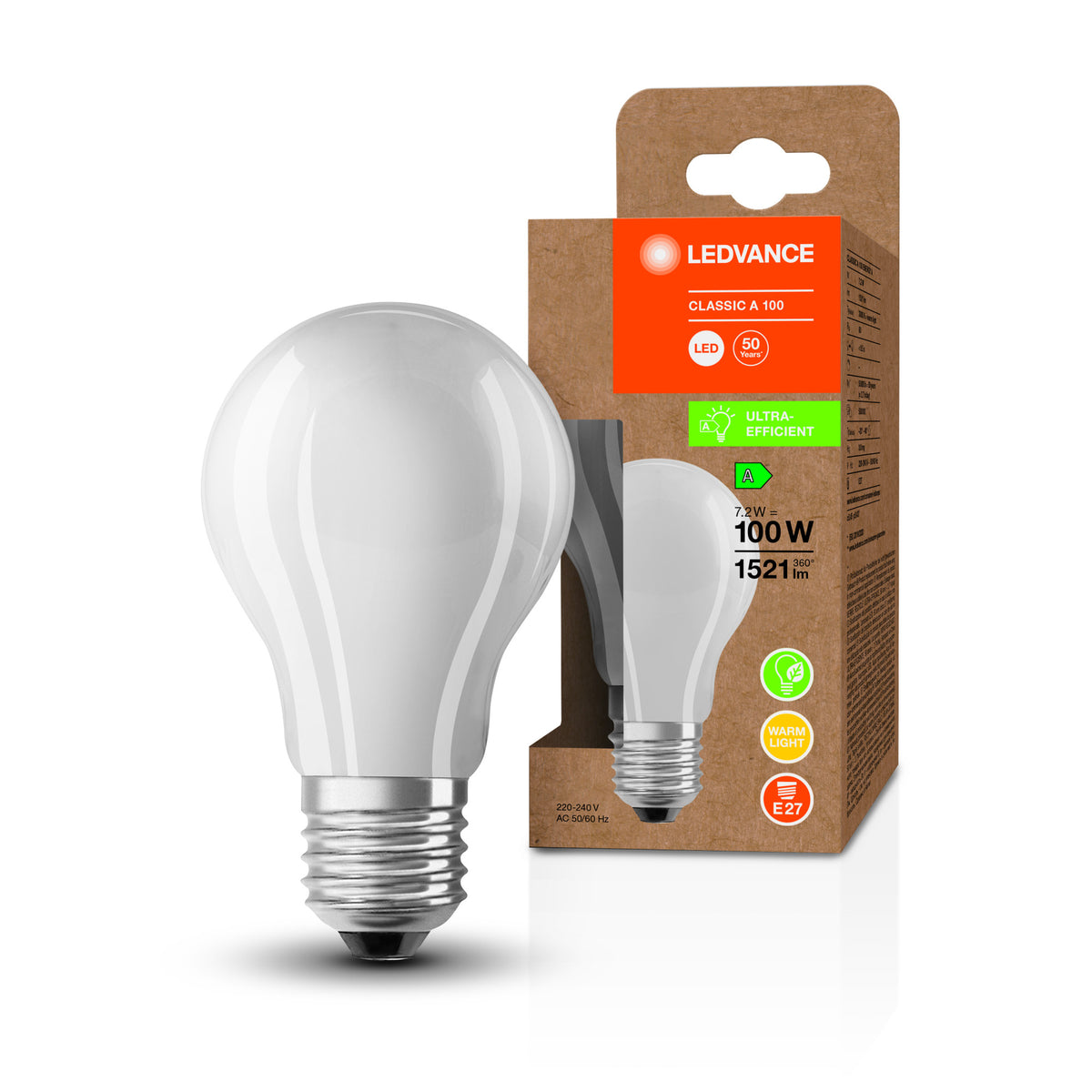 LEDVANCE LED CLASSIC A EFICIENCIA ENERGÉTICA A S , Lámpara LED, cristal sin plomo, mate, 7,2 W, (equivalente a 100 W), 1521 lm, blanco cálido, 3000 K, clase de eficiencia energética: A, 50 000 h, CRI ≥80