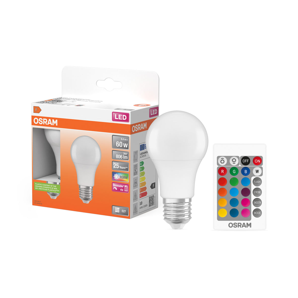 OSRAM LED Retrofit RGBW lamps with remote control in A-Form, LED-Lampe, Matt, 9,4 W, (ex 60 W), 806 lm, Warmweiß, 2700 K, Dimmbar, 25000 h, CRI 80, Fernbedienung, 2er