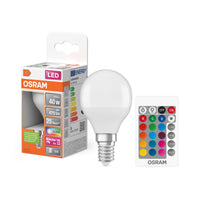 Lámparas LED OSRAM Retrofit RGBW con mando a distancia en forma de P, lámpara LED, mate, 4,9 W, (antes 40 W), 470 lm, blanco cálido, 2700 K, regulable, 25 000 h, CRI 80, mando a distancia