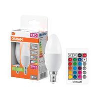 Lámparas LED OSRAM Retrofit RGBW con mando a distancia, forma B, lámpara LED, mate, 4,9 W, (antes 40 W), 470 lm, blanco cálido, 2700 K, regulable, 25 000 h, CRI 80, mando a distancia, paquete de 2