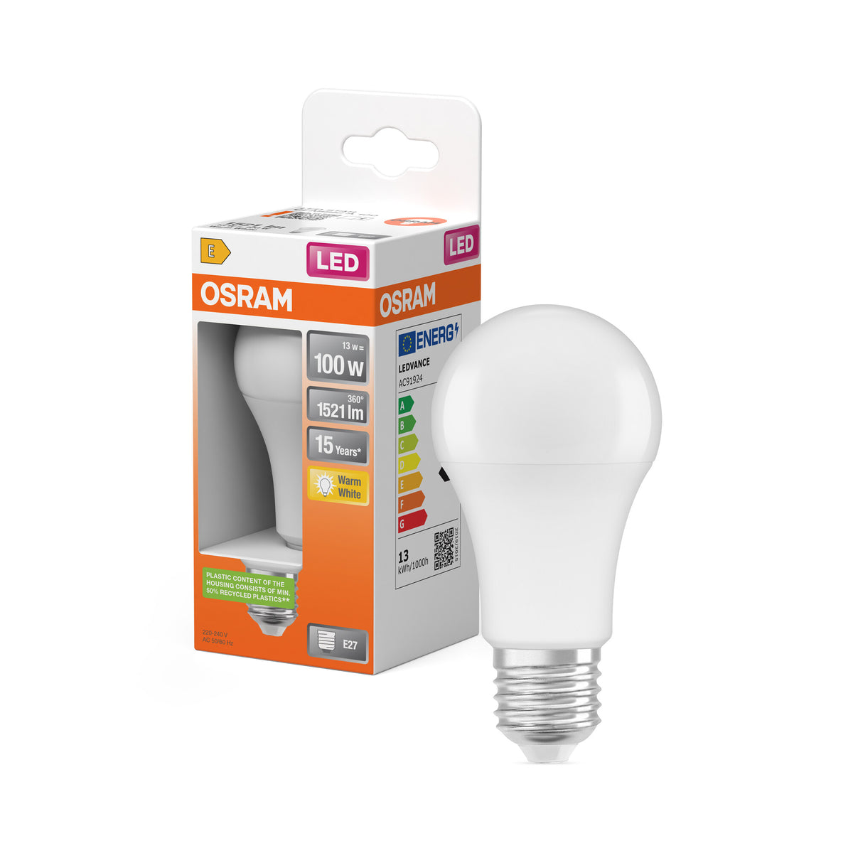 LÁMPARA LED OSRAM PCR CON CASQUILLO CLÁSICO A en forma de A, lámpara LED, mate, 13 W, (equivalente a 100 W), 1521 lm, blanco cálido, 2700 K, 15 000 h, CRI 80