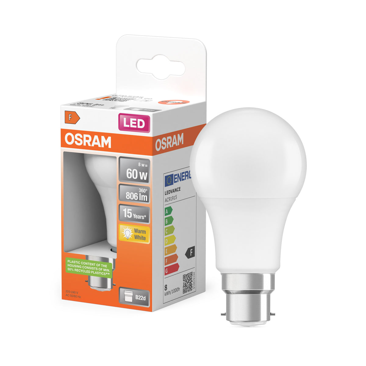 LÁMPARA LED DE OSRAM CON CASQUILLO CLÁSICO A en forma de A, lámpara LED, mate, 8 W, (equivalente a 60 W), 806 lm, blanco cálido, 2700 K, 15 000 h, CRI 80