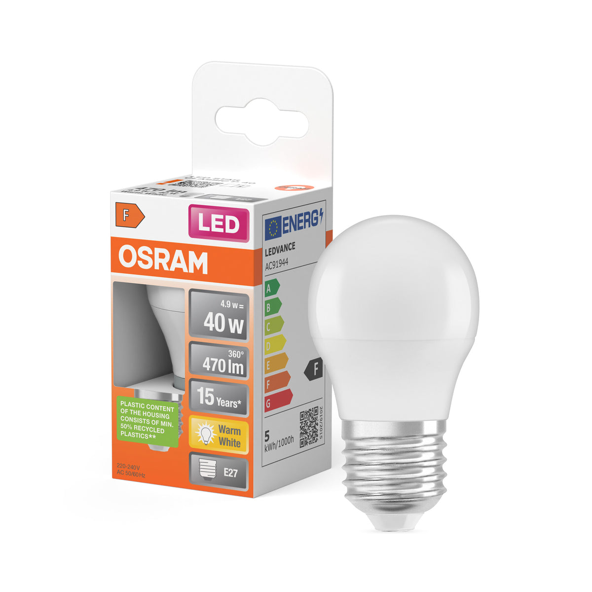 OSRAM LED PCR LAMP WITH CLASSIC P in P-Form, LED-Lampe, Matt, 4,9 W, (ex 40 W), 470 lm, Warmweiß, 2700 K, 15000 h, CRI 80