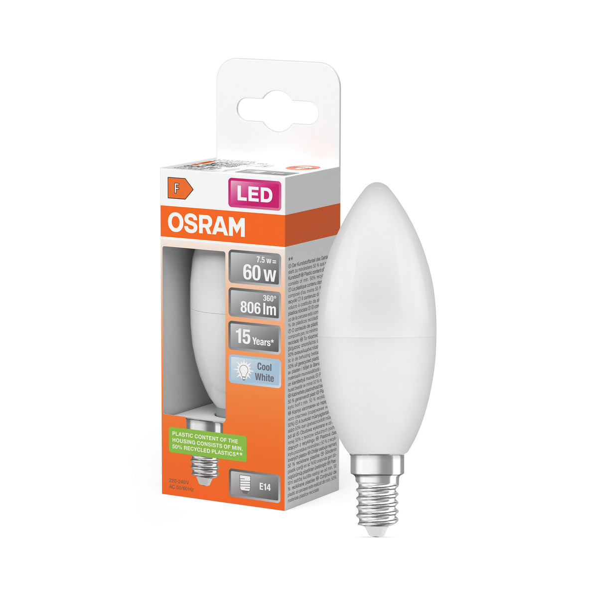 Lámpara LED OSRAM PCR con casquillo B clásico, lámpara LED, mate, 7,5 W, (equivalente a 60 W), 806 lm, blanco frío, 4000 K, 15 000 h, CRI 80