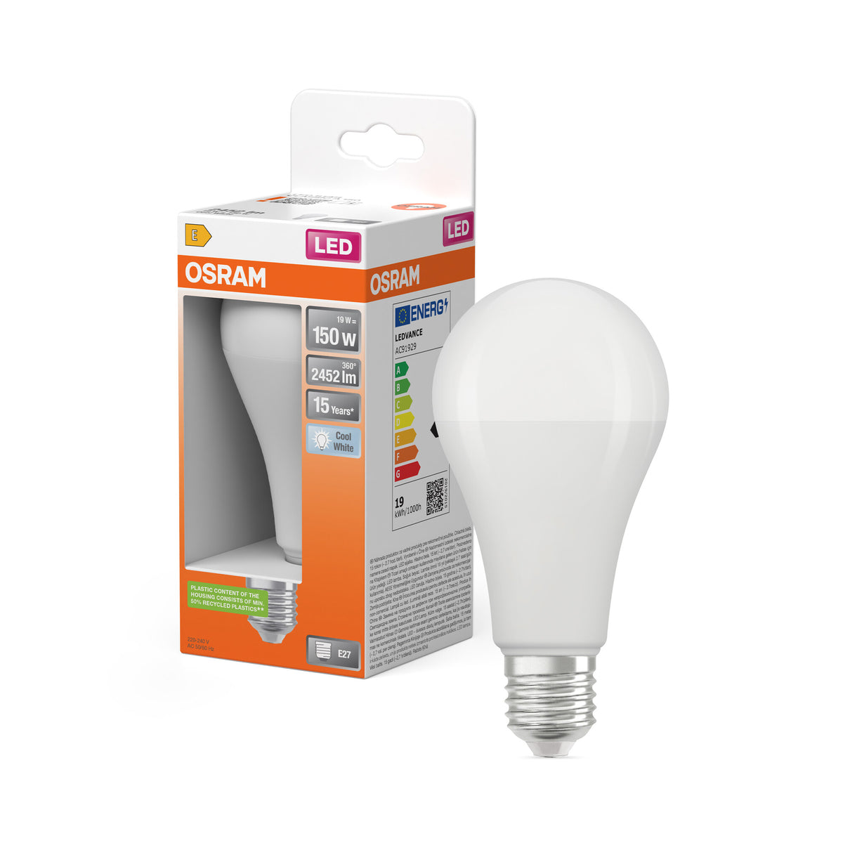 LÁMPARA LED OSRAM PCR CON CASQUILLO CLÁSICO A en forma de A, lámpara LED, mate, 19 W, (antes 150 W), 2452 lm, blanco frío, 4000 K, 15 000 h, CRI 80