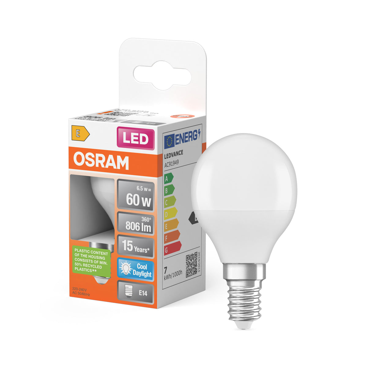 LÁMPARA LED OSRAM PCR CON CLASIC P en forma de P, lámpara LED, mate, 7,5 W, (equivalente a 60 W), 806 lm, blanco frío, 6500 K, 15 000 h, CRI 80