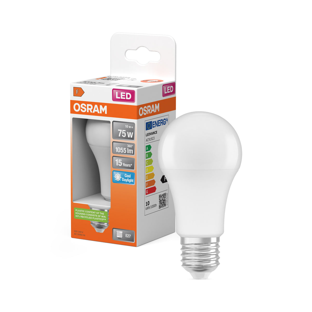 LÁMPARA LED OSRAM PCR CON CASQUILLO CLÁSICO A en forma de A, lámpara LED, mate, 10 W, (antes 75 W), 1055 lm, blanco frío, 6500 K, 10 000 h, CRI 80