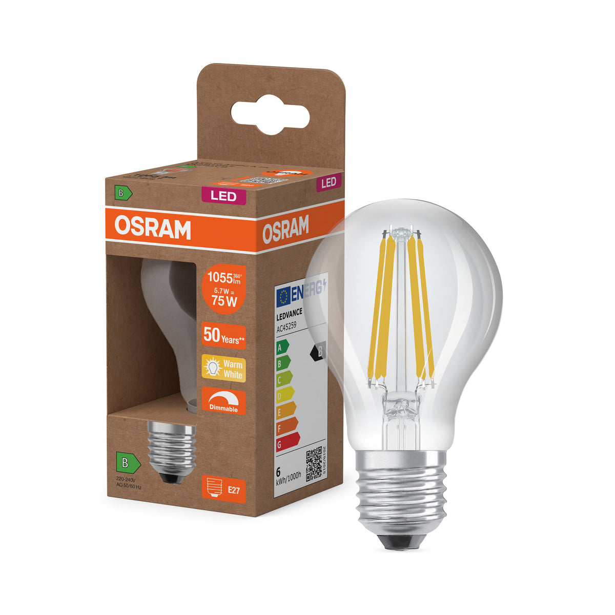 OSRAM LED CLASSIC A EFICIENCIA ENERGÉTICA B DIM con forma de A, bombilla LED, cristal sin plomo, transparente, 5,7 W, (antes 75 W), 1055 lm, blanco cálido, 2700 K, regulable, 50 000 h, CRI 80