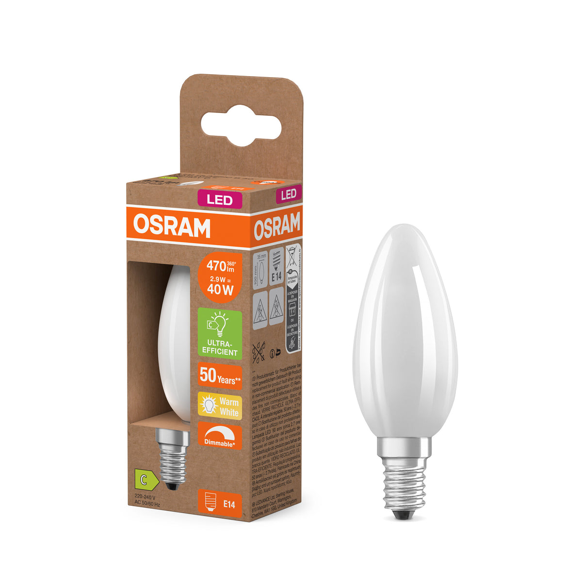 OSRAM LED CLASSIC B EFICIENCIA ENERGÉTICA C REGULABLE en forma de B, bombilla LED, cristal sin plomo, mate, 2,9 W, (antes 40 W), 470 lm, blanco cálido, 2700 K, regulable, 50 000 h, CRI 80
