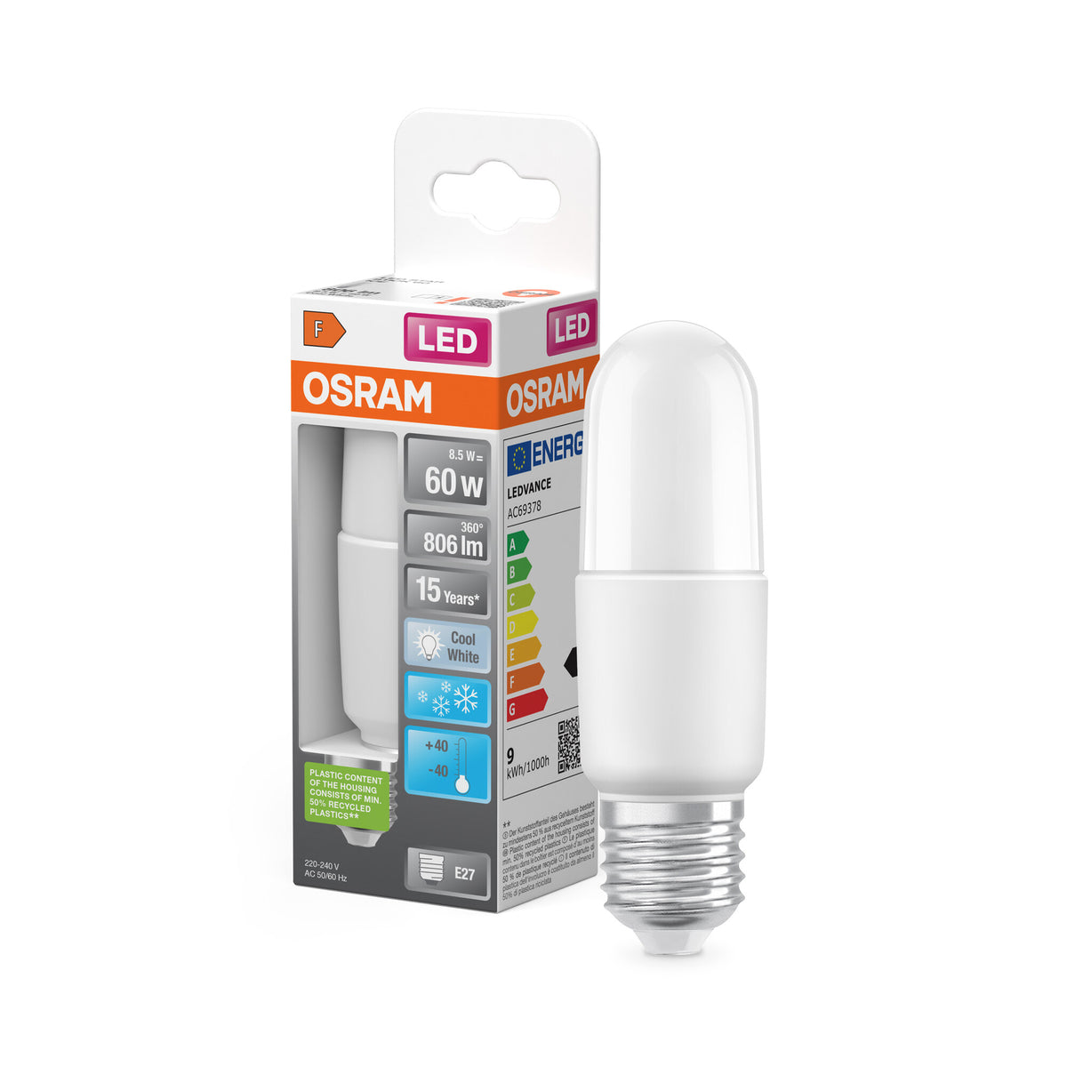Lámpara OSRAM LED PCR CLASSIC STICK con forma de barra, lámpara LED, mate, 8 W, (equivalente a 60 W), 806 lm, blanco frío, 4000 K, 15 000 h, CRI ≥80