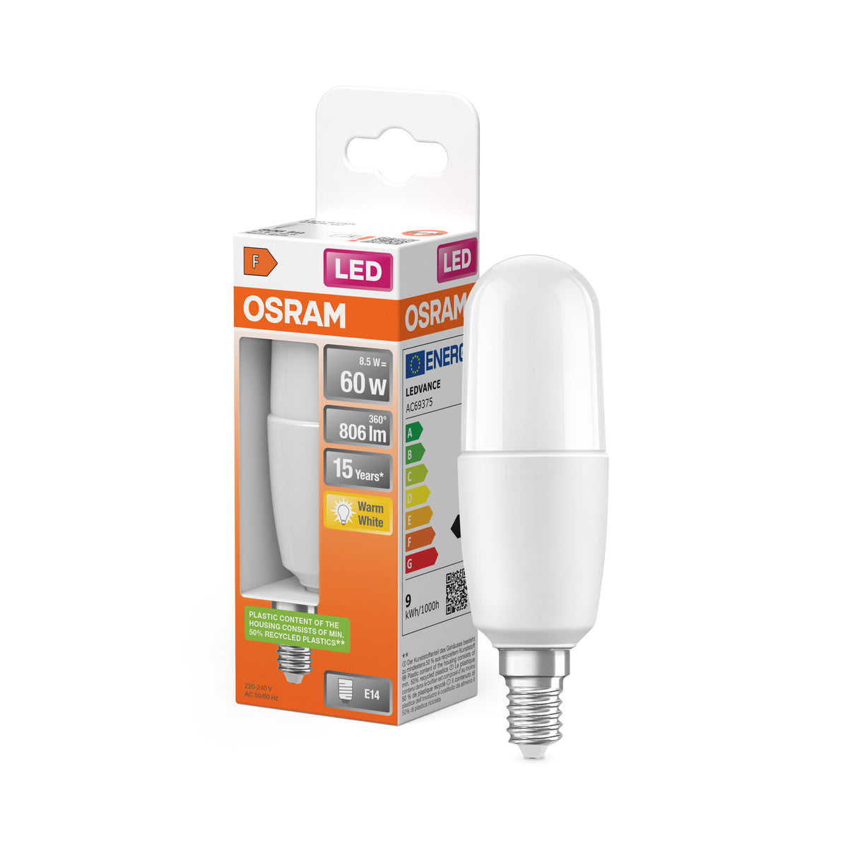 OSRAM LED PCR CLASSIC STICK LAMP in Stick-Form, LED-Lampe, Matt, 8,5 W, (ex 60 W), 806 lm, Warmweiß, 2700 K, 15000 h, CRI 80