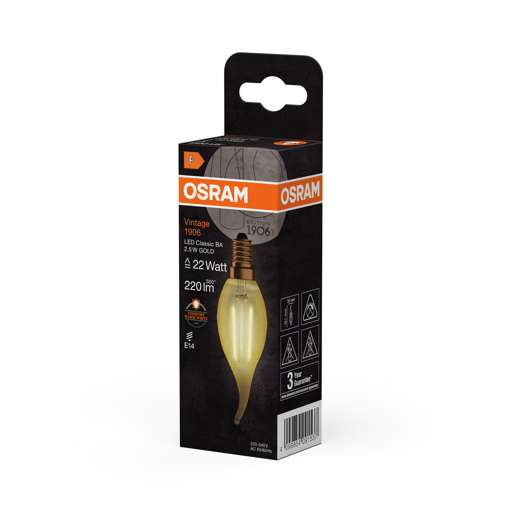 OSRAM VINTAGE 1906® LED Lampe LED CLASSIC B 2.5W 824 Gold E14 BA-Form, 220 lm, 2400 K, Warm Comfort Light-LEDVANCE Shop