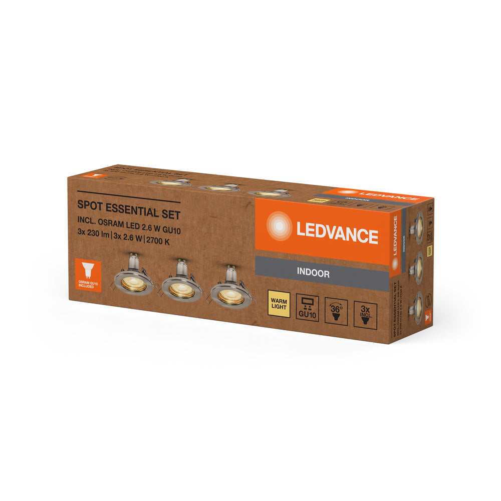LEDVANCE LED SPOT SET RECESS ESSENTIAL GU10 3x2.6W GU10 Brushed Nickel, 230 lm, 2700 K, Warmweiß, 3er Pack-LEDVANCE Shop