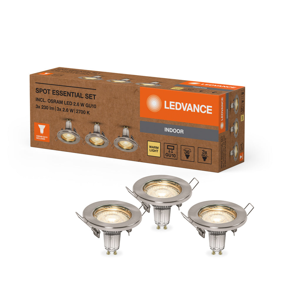 LEDVANCE LED SPOT SET RECESS ESSENTIAL GU10 3x2.6W GU10 Brushed Nickel, 230 lm, 2700 K, Warmweiß, 3er Pack-LEDVANCE Shop