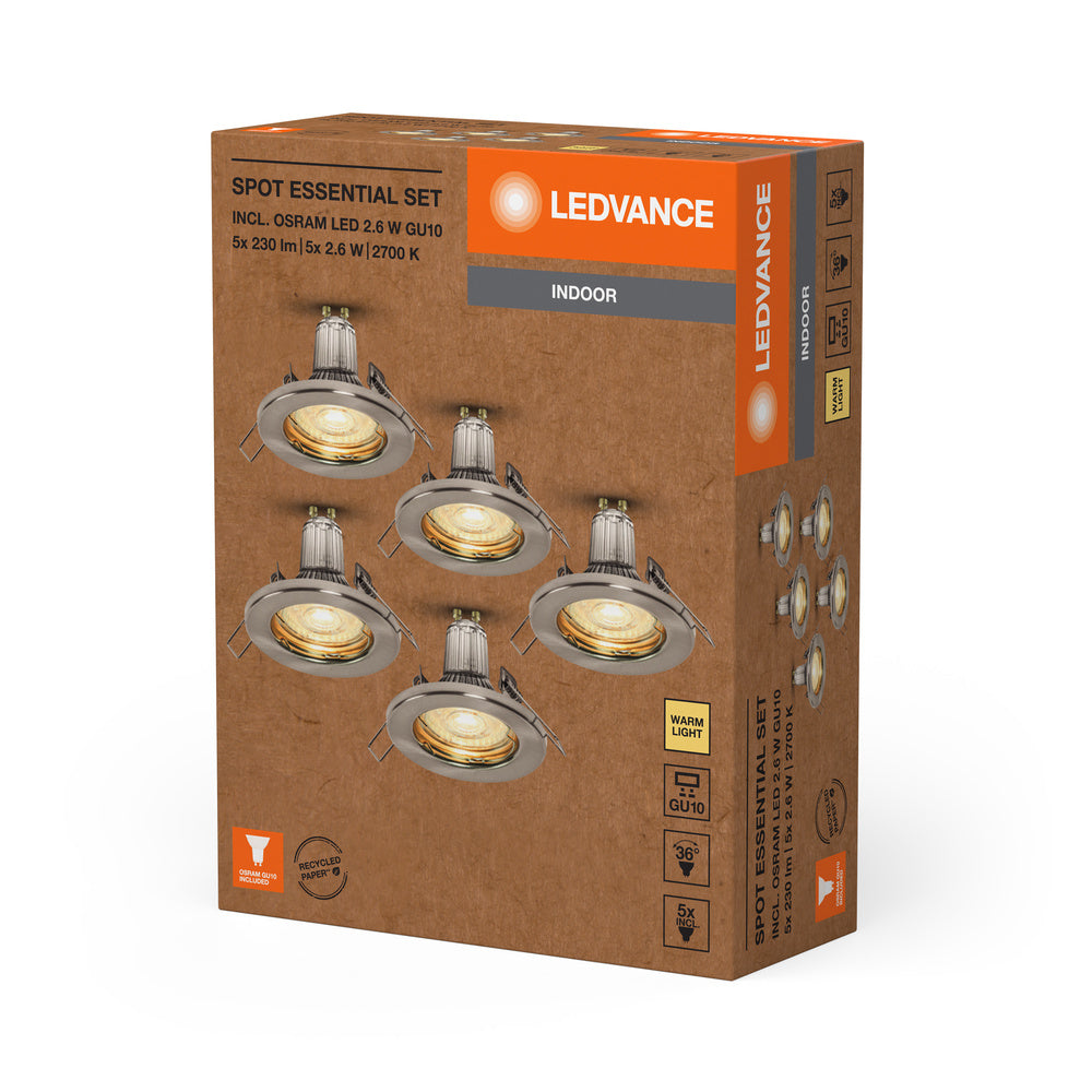 LEDVANCE LED SPOT SET RECESS ESSENTIAL GU10 5x2.6W GU10 Brushed Nickel, 230 lm, 2700 K, Warmweiß, 5er Pack-LEDVANCE Shop