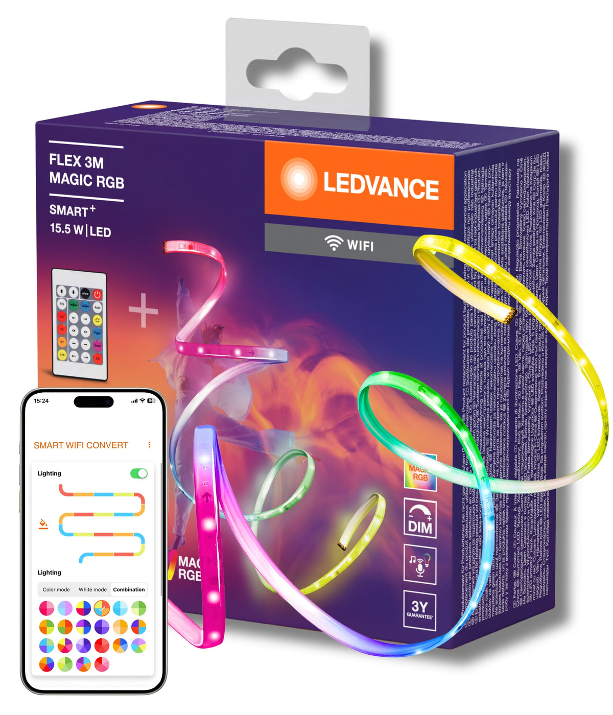 LEDVANCE SMART+ Tira LED WIFI FLEX de 3 m, blanca, 15 W, 350 lm, regulable, efecto de luz dinámico Magic-RGB, selección personalizada de colores de luz, controlable mediante app, larga vida útil, fácil instalación, IP20