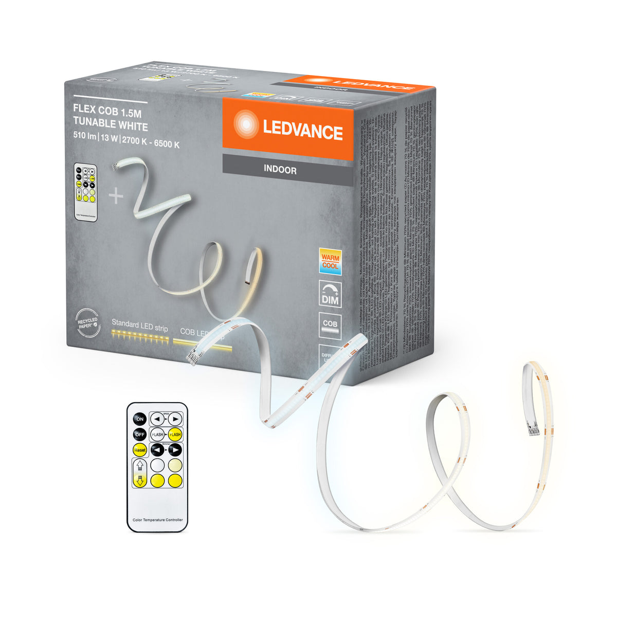 LEDVANCE FLEX COB 1,5 m, tira LED TW RC, amarilla, 14 W, 500 lm, regulable de blanco cálido a blanco frío, tecnología COB, distribución homogénea de la luz, con mando a distancia, larga vida útil, fácil instalación, IP20