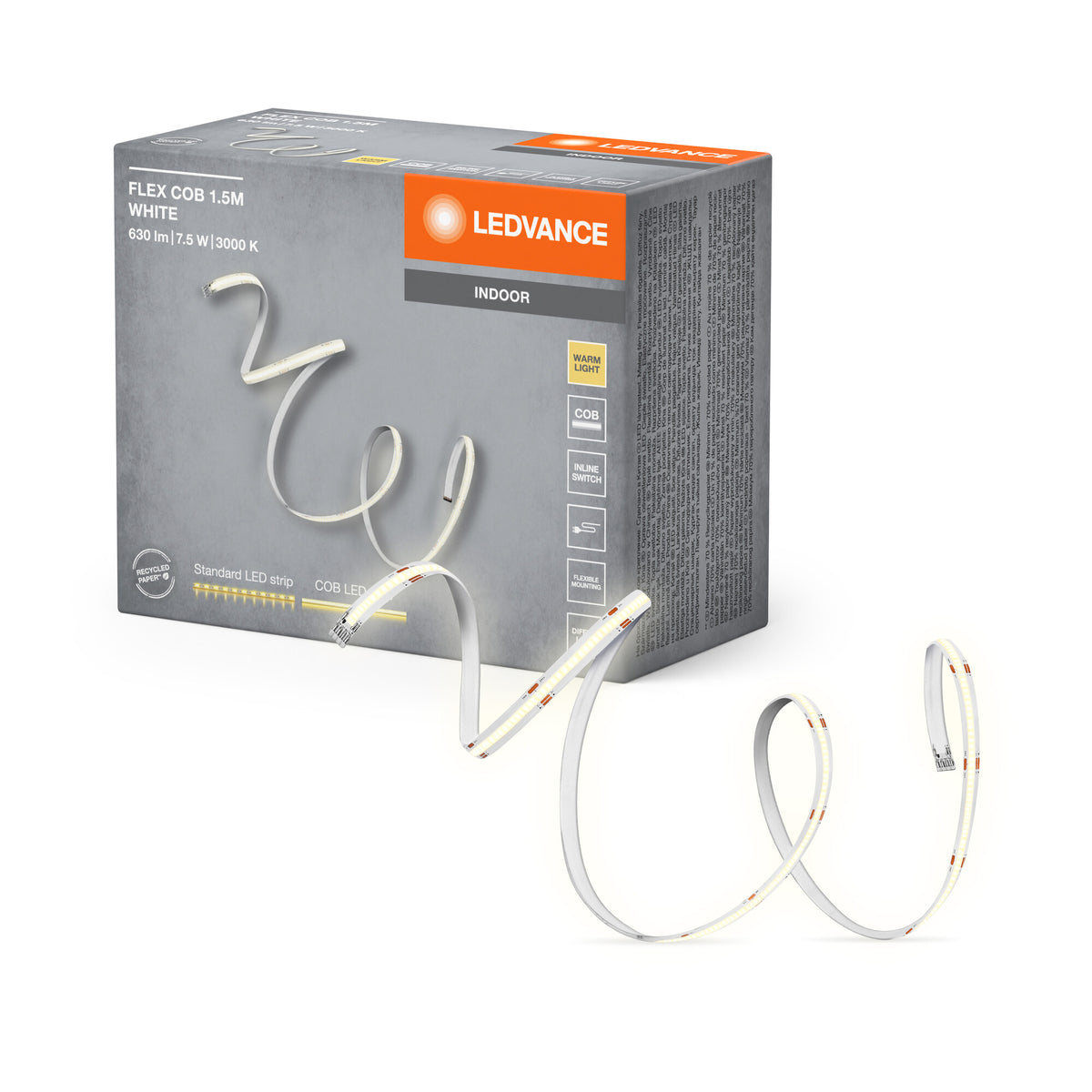 LEDVANCE FLEX COB 1. 5M LED-Streifen, gelb, 8W, 600lm, warmweißes Licht, COB-Technologie, homogene Lichtverteilung, lange Lebensdauer, einfache Montage, für Innenanwendung, Schutzklasse IP20, 3000K