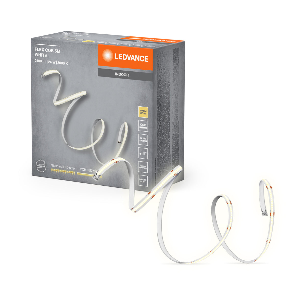 LEDVANCE Tira LED FLEX COB de 5 m, amarilla, 22 W, 1750 lm, luz blanca cálida, tecnología COB, distribución homogénea de la luz, larga vida útil, fácil instalación, para uso en interiores, clase de protección IP20, 3000 K