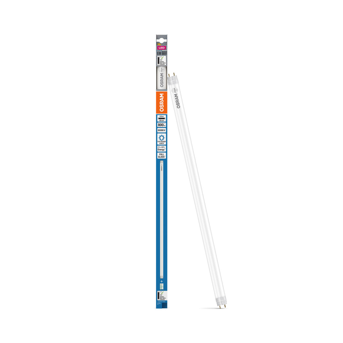 Tubo LED OSRAM T8 EM, con casquillos a ambos extremos, tubo LED, cristal sin plomo, mate, 6,6 W, (antes 18 W), 800 lm, blanco frío, 6500 K, 30 000 h, CRI 80