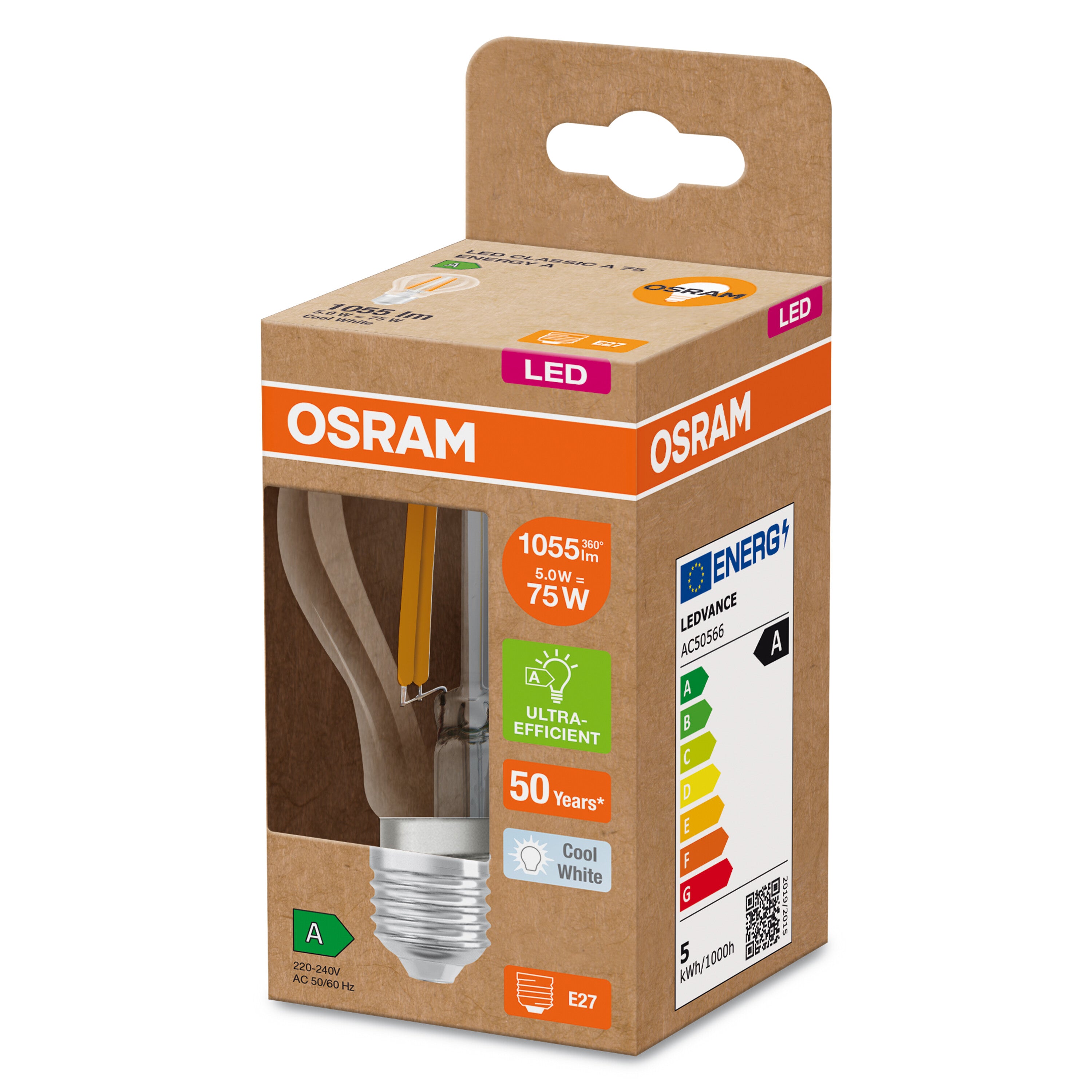 OSRAM Hocheffiziente LED Lampe Classic A75, 5W, klar, E27 , Kaltweiß-LEDVANCE Shop