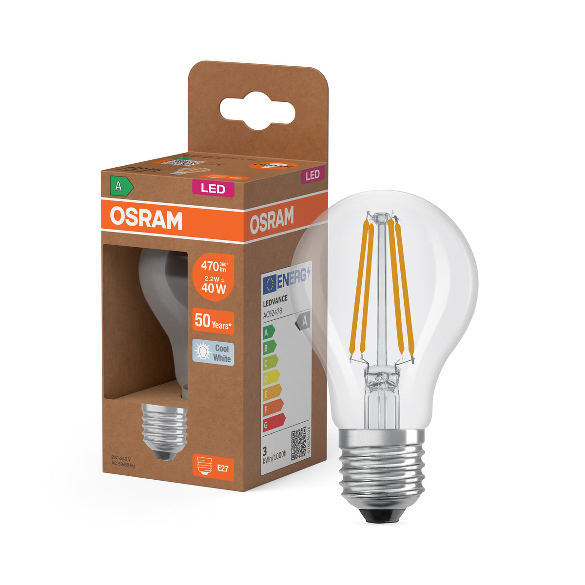OSRAM LED LAMPS ENERGY CLASS A ENERGY EFFICIENCY FILAMENT CLASSIC A in A-Form, LED-Lampe, Bleifreies Glas, Klar, 2,2 W, 470 lm, Kaltweiß, Energieeffizienzklasse: A