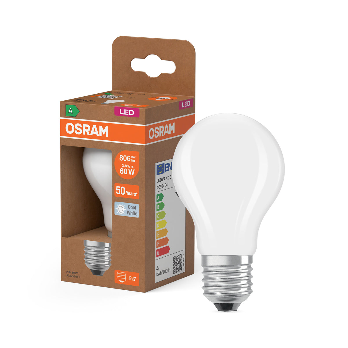 LÁMPARAS LED DE OSRAM, CLASE ENERGÉTICA A, EFICIENCIA ENERGÉTICA FILAMENTO CLÁSICO A en forma de A, lámpara LED, cristal sin plomo, mate, 3,8 W, 806 lm, blanco frío, clase de eficiencia energética: A