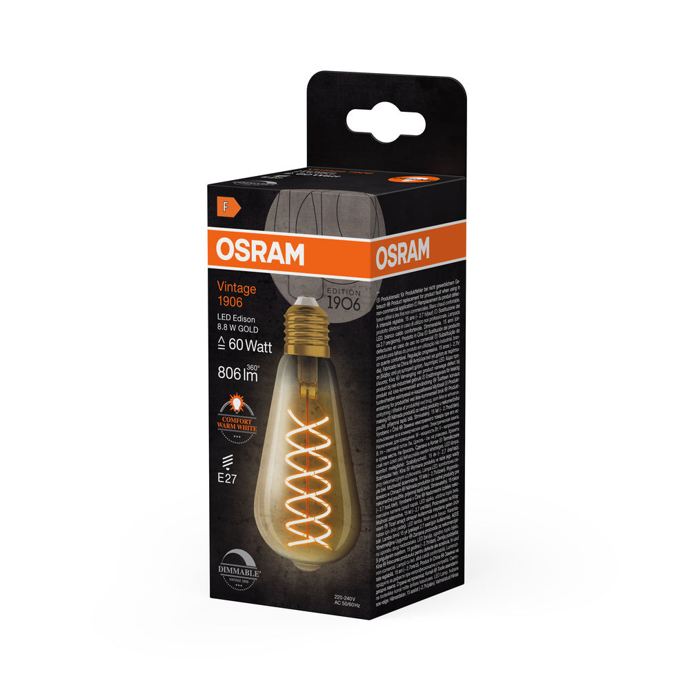 OSRAM VINTAGE 1906® LED Lampe LED CLASSIC EDISON DIM 8.8W 824 Gold E27, 806 lm, 2400 K, Comfort warm white-LEDVANCE Shop