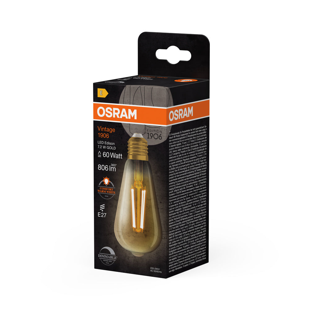 OSRAM VINTAGE 1906® LED Lampe LED CLASSIC EDISON DIM 7.2W 824 Gold E27, 806 lm, 2400 K, Comfort warm white-LEDVANCE Shop